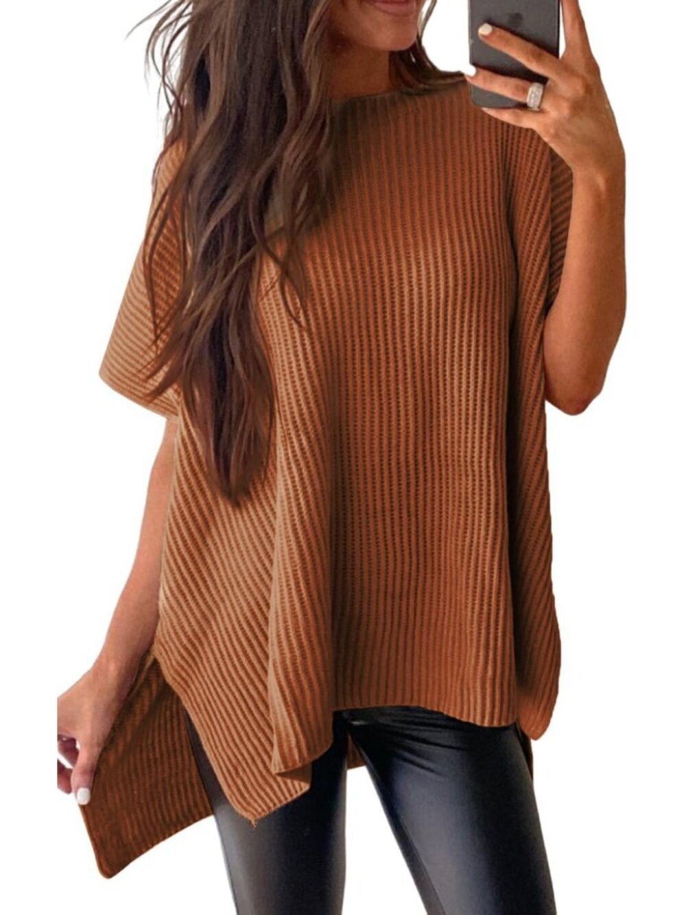 Women's Brown Crewneck Short Sleeve Sweater Causal Tunic Lightweight Tops